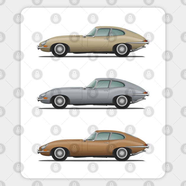 Jaguar E Type Fixed Head Coupe Gold Silver And Bronze Magnet by SteveHClark